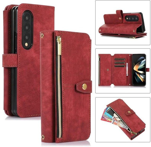 Lange Lanyard Ledertasche mit Reißverschluss und Kartenhülle für Samsung Galaxy und Redmi Note Modelle in Rot - Bild 1