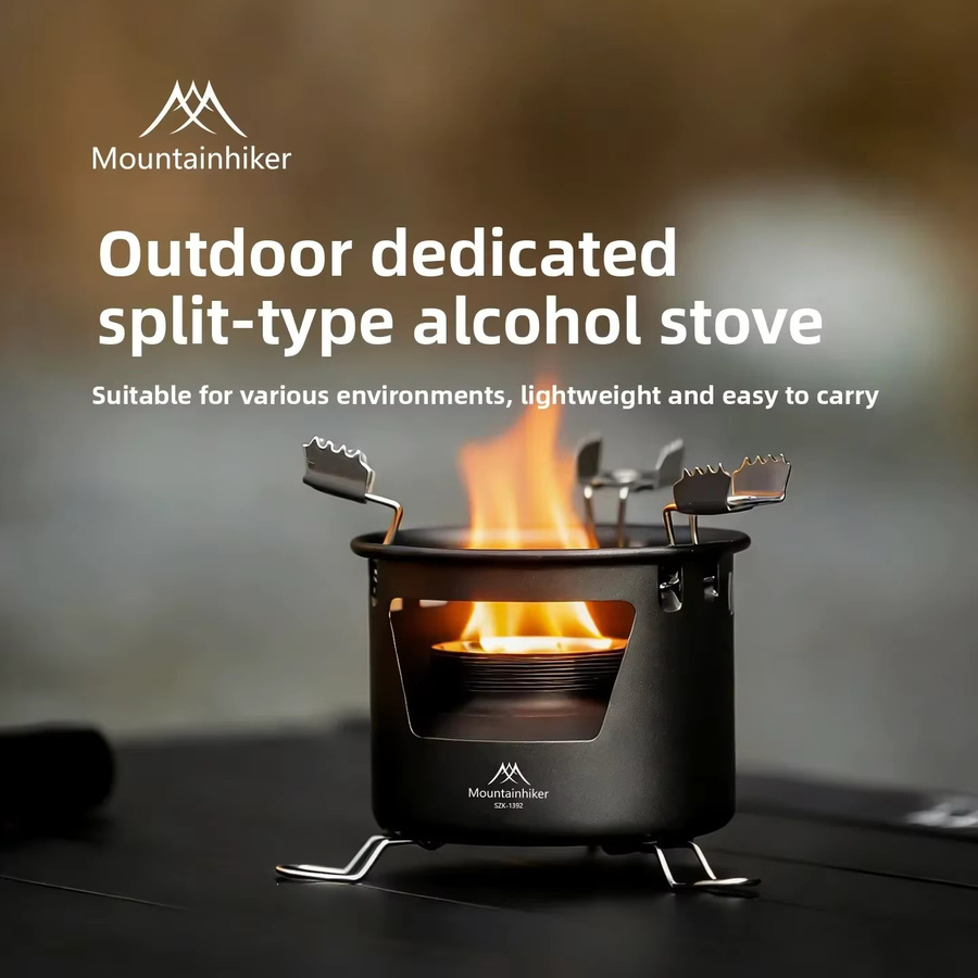 MOUNTAINHIKER Tragbarer Outdoor-Alkoholkocher in Schwarz für Flüssig- und Festbrennstoffe inklusive Campingkessel und Kochutensil - Bild 2