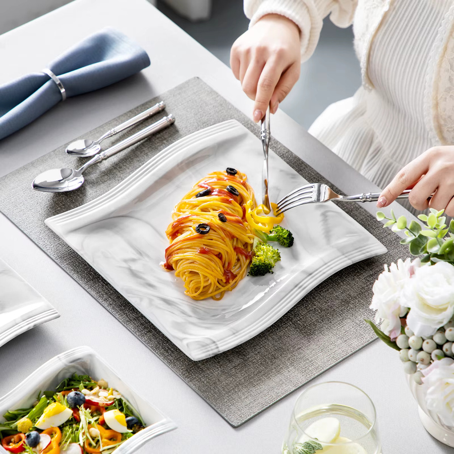 MALACASA Porzellan-Geschirrset aus Keramik in Weiß und Marmor, 12-teiliges Dinner-Service mit Speisetellern und Schalen - Bild 3