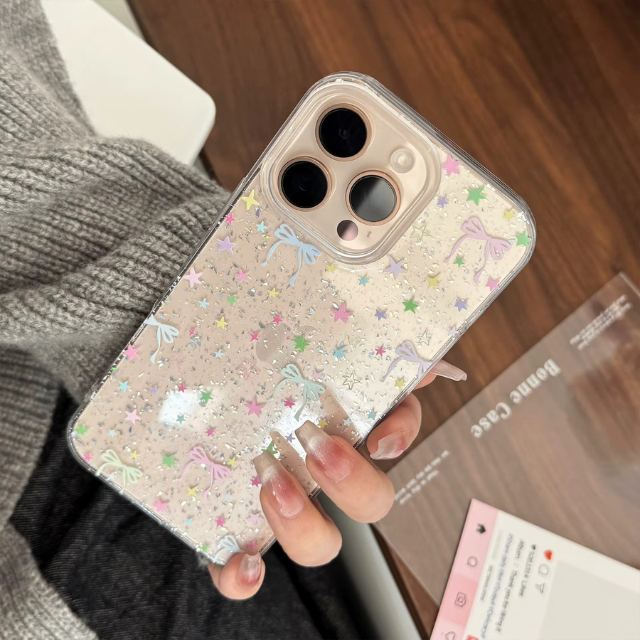 Transparente iPhone Schutzhülle mit koreanischem Glitzer-Sterne-Bogen Design für Apple iPhone 16, 15, 14, 13, 12, 11 Pro Max, XR, XS, stoßfeste Hülle - Bild 2