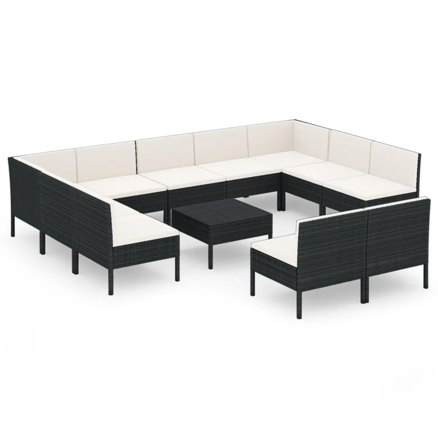 vidaXL 12-tlg. Garten-Lounge-Set in U-Form aus Poly-Rattan mit Auflagen und Tisch, Schwarz - Bild 2