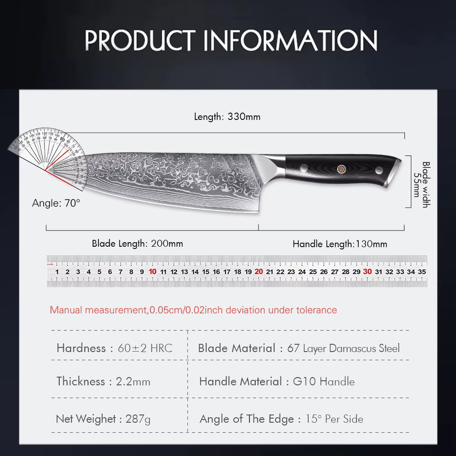 MOSTODOZO Profi-Kochmesser aus Damaszener Stahl mit G10-Griff, 8 Zoll Küchenmesser zum Schneiden von Fleisch, Obst und Fisch - Bild 6