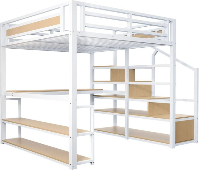 Merax Hochbett aus Metall und MDF mit Treppe, Regal und Tisch in Weiß - Bild 1