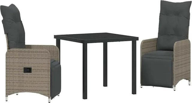 vidaXL 3-teiliges Garten-Esszimmer-Set aus Poly-Rattan in Grau mit Kissen für Balkon, Garten und Terrasse - Bild 1