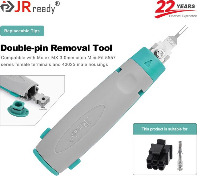 JRready JRconDRK-D120 Doppelstift-Extraktionswerkzeug für Molex MX3.0mm Pitch Small 5557 Serie Buchsenanschluss 43025 Steckergehäuse in Grau - Bild 1