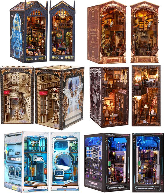 DIY Buch Ecke 3D Holz Puzzle Miniatur Puppenhaus Bücherregal Einsatz mit LED Nachtlicht zur Dekoration für dein Zuhause - Bild 1