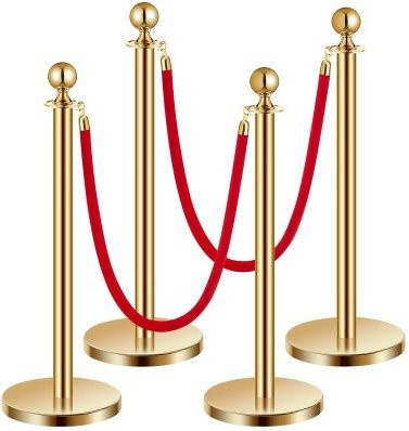 VEVOR Absperrpfosten Set aus Edelstahl in Gold mit 2 roten Samtseilen, 4 Stück zur Steuerung von Menschenmengen mit nachfüllbarem Sockel - Bild 1