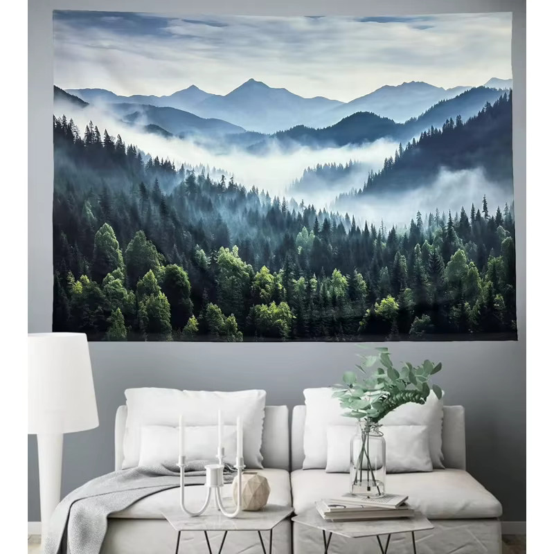 VIKAMA Wandteppich Heilender Bergwaldnebel in Blau, Textil-Wanddekoration mit Naturmotiv und Gebirgslandschaft - Bild 3