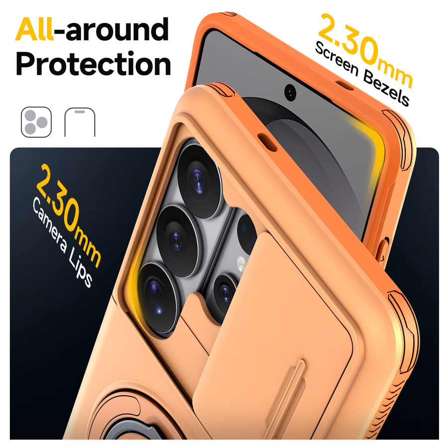 Panzerhülle für Samsung Galaxy S26 S25 S24 S23 S22 Ultra Plus S25FE S24FE mit Schiebe-Kameraschutz, Ringhalter und Kartenfach in Grün und Orange - Bild 3