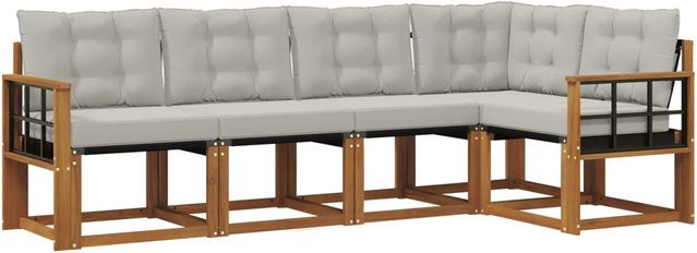 vidaXL Outdoor-Sofagarnitur 5-tlg. in L-Form aus Akazienholz mit Textilene und Kissen, Beige und Grau - Bild 1