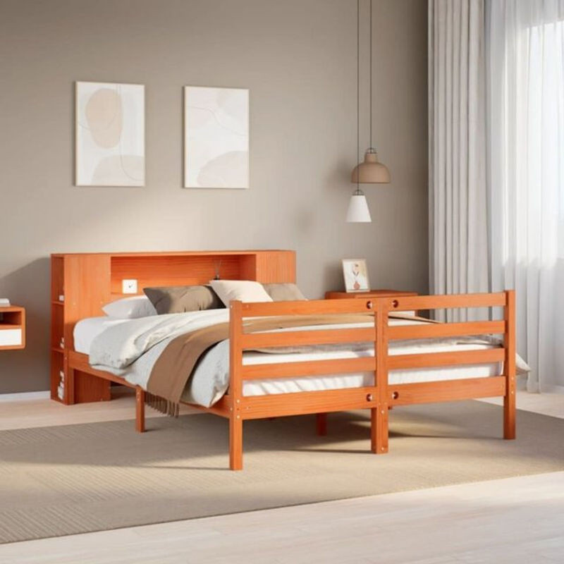 Massivholzbett aus Kiefer mit Regal von Vidaxl in Braun, B/T/H: 140 x 190 x 82 cm - Bild 1