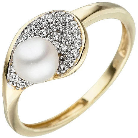 Colfem Ring 375 Gelbgold, Süßwasser Perle, Zirkonia, Damen, Ringgröße 60 - Bild 1