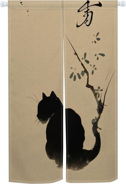 Lampayan Noren Türvorhänge im japanischen Stil mit Katze, Kirschblüte und Vogelmuster, Beige, B: 100 cm, H: 160 cm, 2er-Set aus Polyester - Bild 1