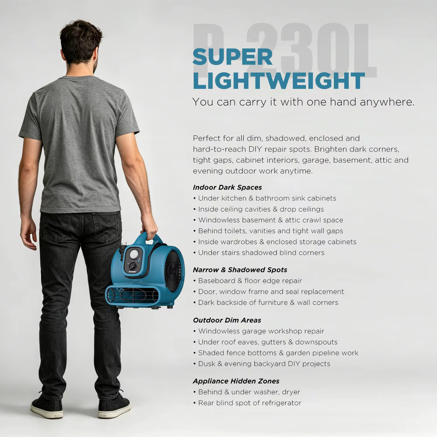 XPower P-230L Leistungsstarker Zentrifugal-Luftbeweger in Blau als Teppichtrockner und Bodenventilator mit LED-Scheinwerfer - Bild 6