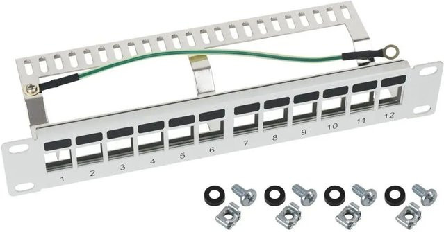 HMF STP Keystone-Patchpanel für Serverschrank, 12 Ports RJ45, 10 Zoll, 1 HE, Lichtgrau - Bild 1