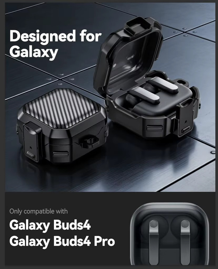Kohlefaser-Schutzhülle für Samsung Galaxy Buds 4 und Buds 4 Pro in Schwarz und Transparent mit Sicherheitsschloss - Bild 4