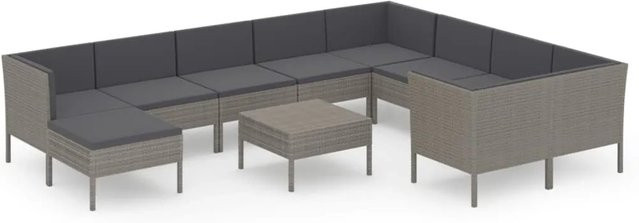 vidaXL 11-tlg. Garten-Lounge-Set in U-Form aus Poly Rattan und Metall, Grau/Anthrazit, inklusive Auflagen, Sofa, Eckelement, Ottoman und Tisch - Bild 1