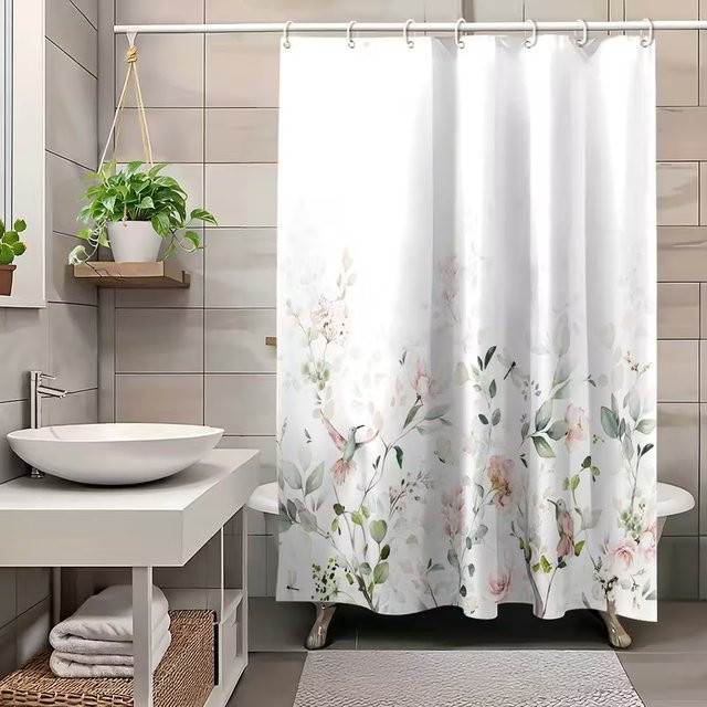 VIKAMA Duschvorhang mit Blumen- und Vogel-Motiv in Leinenstruktur im nordischen Zen-Stil, Höhe: 180 cm, Breite: 90 cm - Bild 1