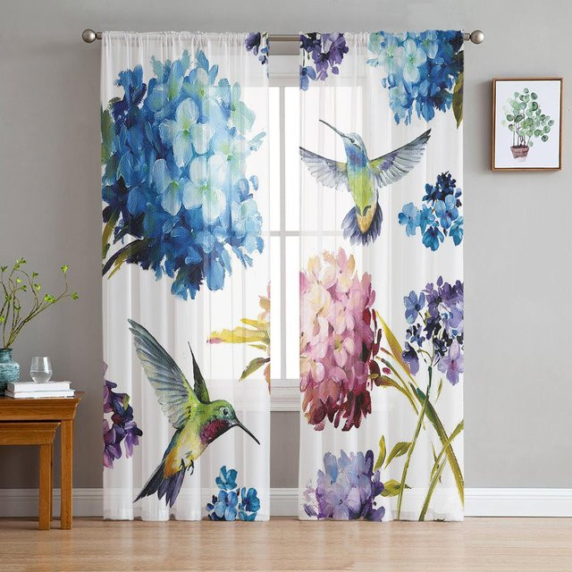 Transparente Tüll-Vorhänge mit Blumen- und Kolibri-Motiv in Weiß, B: 135 cm, H: 115 cm - Bild 1
