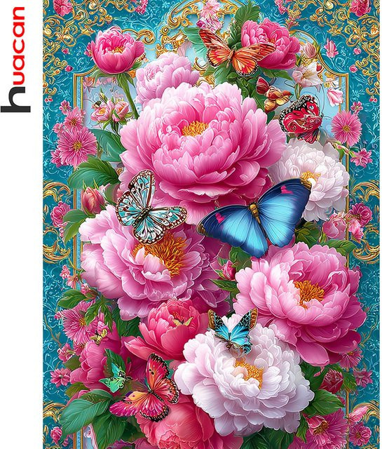 Huacan DIY Diamantmalerei Set Pfingstrose und Schmetterling mit runden Strasssteinen in Multicolour, Breite: 20 cm, Höhe: 30 cm - Bild 1