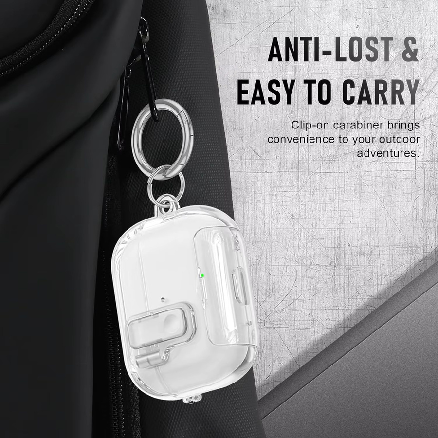 Transparente TPU-Schutzhülle für AirPods Pro 3, Pro 2 und AirPods 4 mit automatischer Pop-Up-Abdeckung, Trageschlaufe und Telefonhalterung in Transparent oder Blau - Bild 3