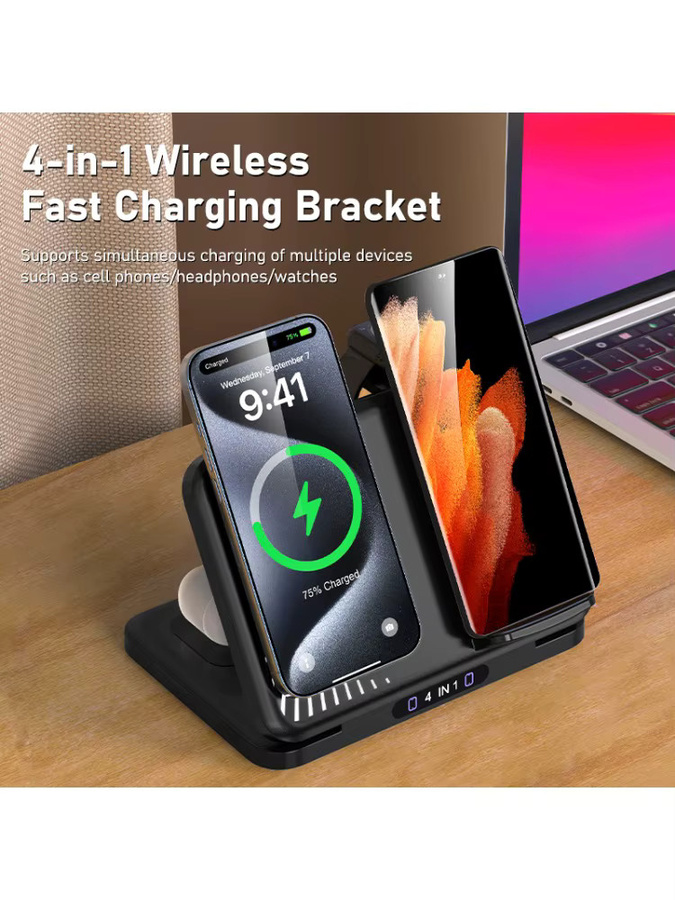 VIKEFON 4-in-1 Dual-Handy Kabelloses Ladegerät Magnetischer Schnellladeständer für iPhone, Samsung, Xiaomi und Apple Watch in Schwarz - Bild 6
