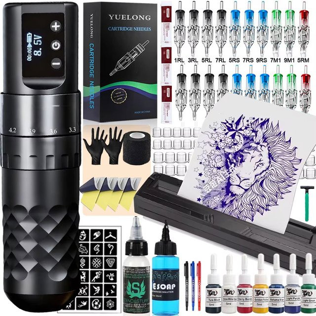 YUELONG Tattoo-Stift-Set, kabellose Tattoo-Maschine mit Transferdrucker und Tintenset - Bild 1