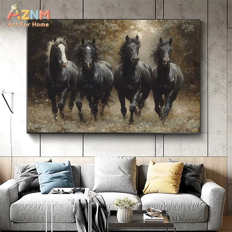 Kayou Vintage Schwarzes Pferde-Ölgemälde auf Leinwand, Rahmenlose Wandkunst mit Tierdruck in Schwarz und Multicolour - Bild 2