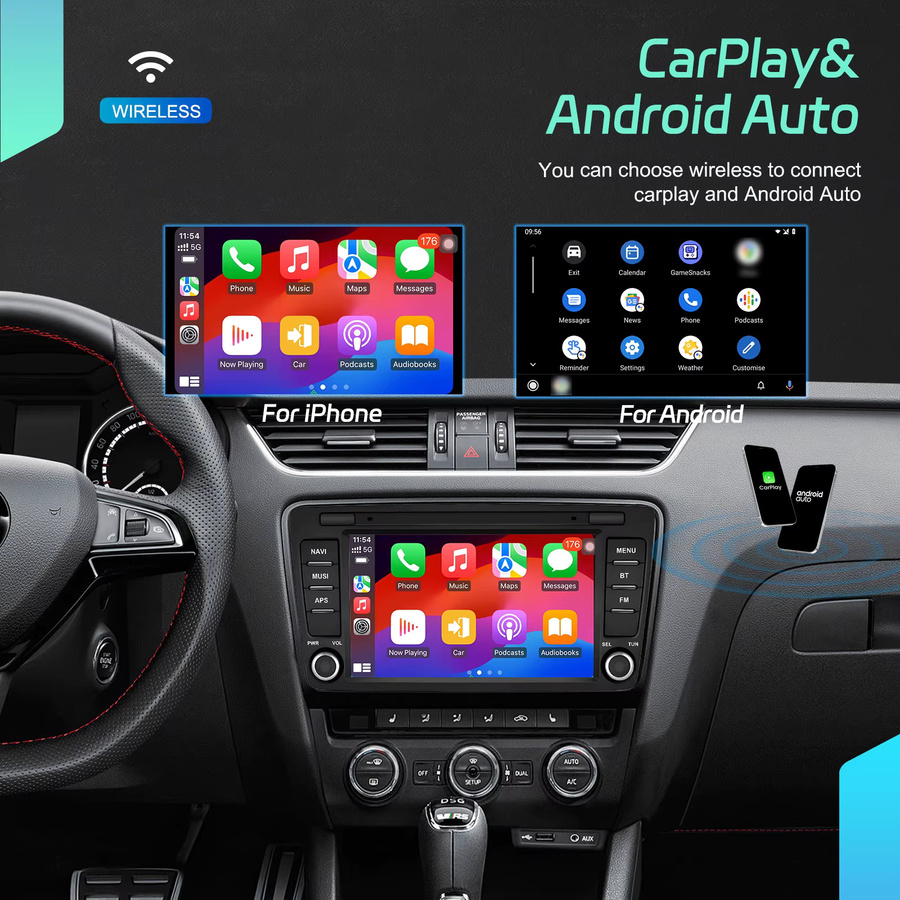 Podofo Android Autoradio für Skoda Octavia II mit 6 GB RAM und 128 GB Speicher, kabelloses CarPlay, Android Auto, WIFI, GPS, DSP und Bluetooth in Schwarz - Bild 2