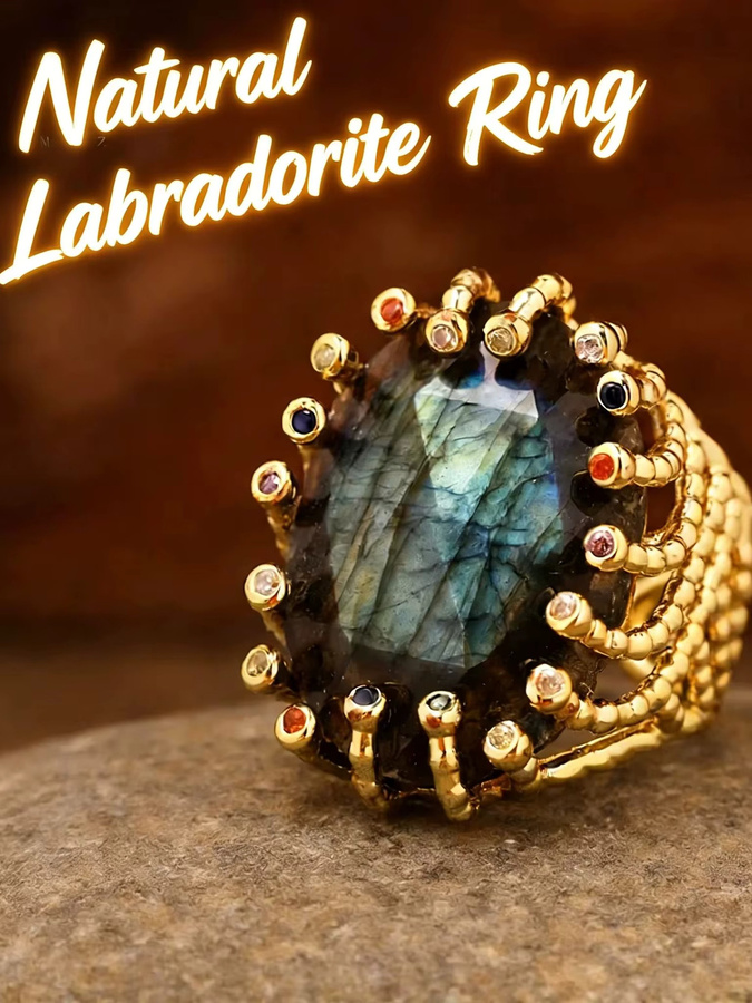AMAZETSH Ring, 18K Vergoldet, Kristall Labradorit, Vintage, Damen - Bild 2