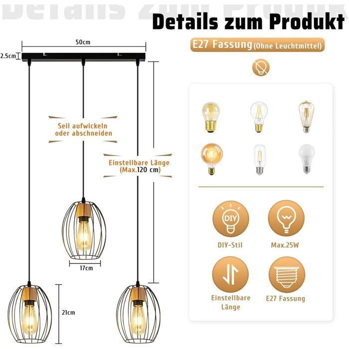 NETTLIFE Hängeleuchte in Schwarz mit Holz und Metall im skandinavischen Design, 3er-Set mit E27 Fassungen - Bild 3