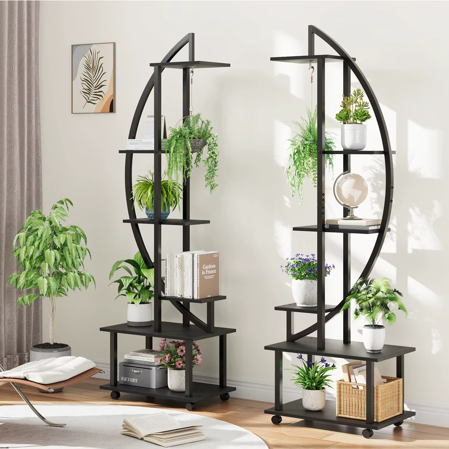 HiMISS 2er-Pack Pflanzenständer aus Metall in Schwarz Matt mit offenen Regalen für Wohnzimmer, Garten, Balkon und Terrasse - Bild 1