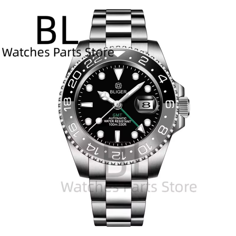 BLIGER GMT-Uhr, Automatik, Edelstahl, 40 mm, schwarz-weißes Zifferblatt, Herren - Bild 2