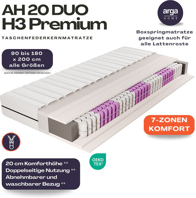 ARGA HOME AH20 Premium 7-Zonen Taschenfederkernmatratze mit Gestricktem Stoff, H3, Höhe: 20 cm - Bild 1