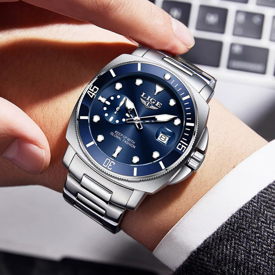 LIGE Armbanduhr Edelstahl, Quarz, Datum, Blau, Herren - Bild 5