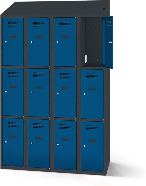 rotstahl Fächerschrank mit Ladefunktion in Dunkelblau und anthrazitgrauem Korpus, 12 Fächer (4x3), B: 120 cm, H: 200 cm - Bild 1