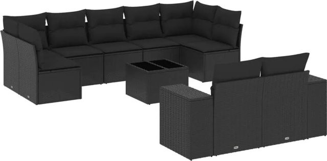 vidaXL 10-tlg Garten-Sofagarnitur aus Polyrattan mit Kissen in Schwarz - Bild 1