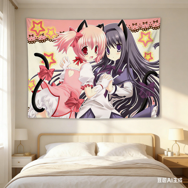 Madoka Neko Anime Girls Starry Tapestry – Kawaii Wandbehang aus Polyester in Multicolour, Breite: 60 cm, Höhe: 40 cm - Bild 1