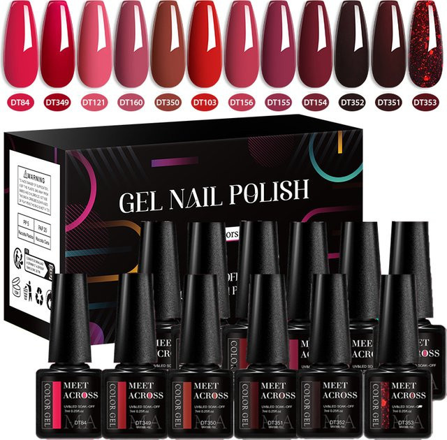 MEET ACROSS Crystal Red Gel Nail Polish Set, 12-teilig, HEMA FREE, glänzend - Bild 1