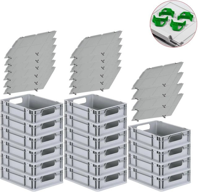 PROREGAL Spar Set mit 16 Eurobox Nextgen Economy inklusive Auflagedeckeln und 4 Schiebeschnappverschlüssen in Grün, H x B x T: 12 x 30 x 40 cm, 11 Liter pro Box - Bild 1