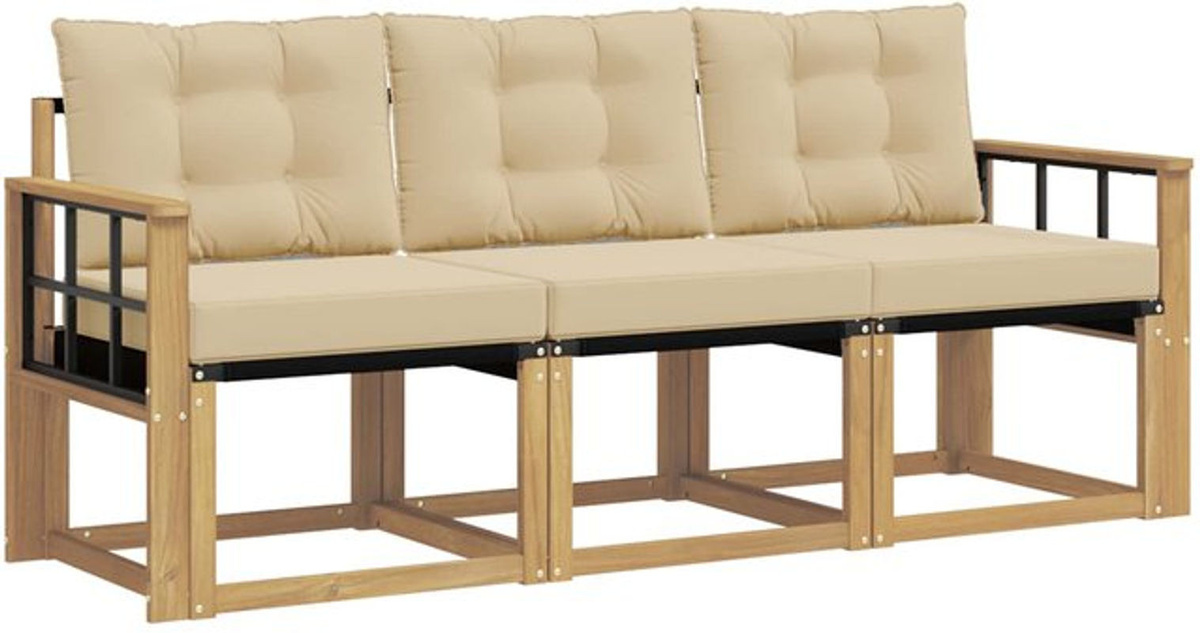 vidaXL Outdoor-Sofagarnitur aus Akazie mit Kissen in Weiß und Beige, 3-teiliges modernes Loungemöbel-Set - Bild 1