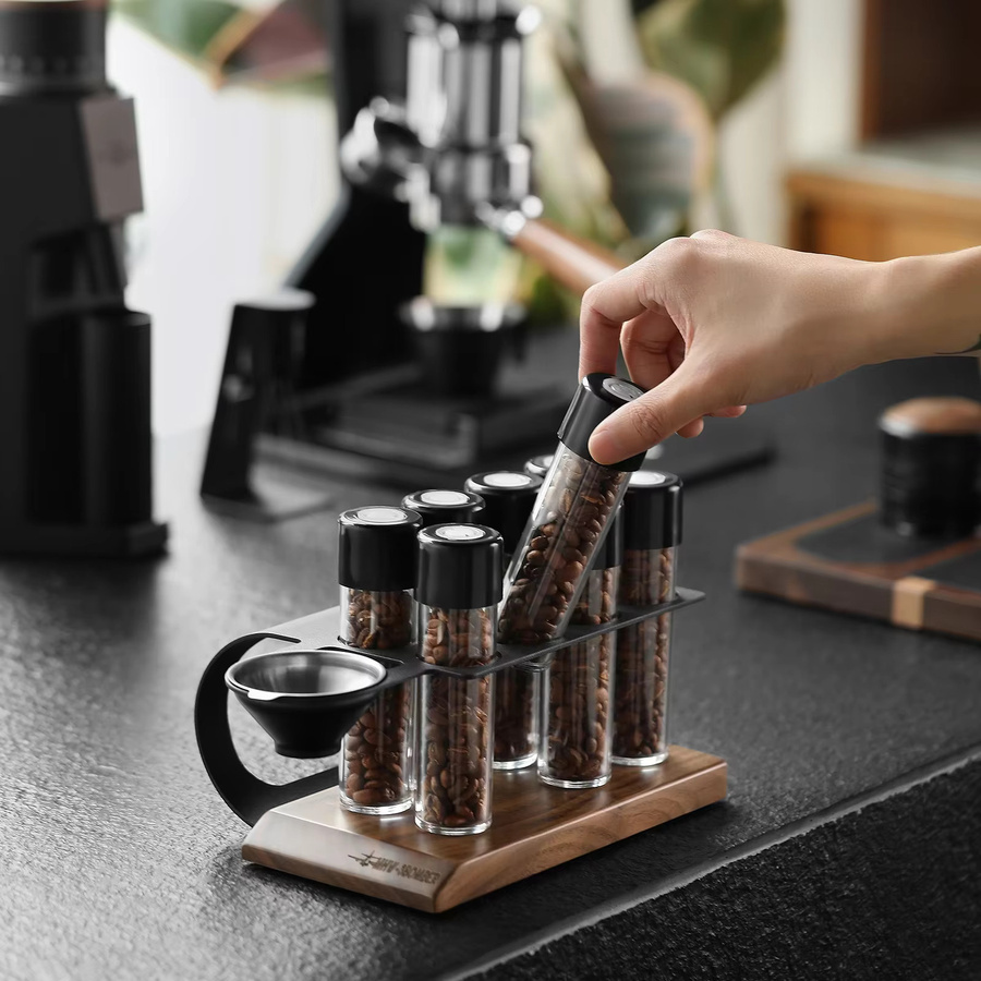 MHW-3BOMBER Kaffeebohnen-Aufbewahrung mit 8 transparenten Glasröhrchen, Auslassventil, Regal und Trichter zur Einzeldosis-Aufbewahrung - Bild 3