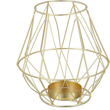 Relaxdays Teelichthalter aus Eisen und Glas in Gold mit geometrischem Design, B/T: 14 x 14 cm