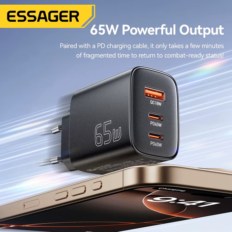 Essager 65 W GaN Ladegerät mit USB-C Quick Charge 4.0 und PD Schnellladefunktion in Schwarz - Bild 3