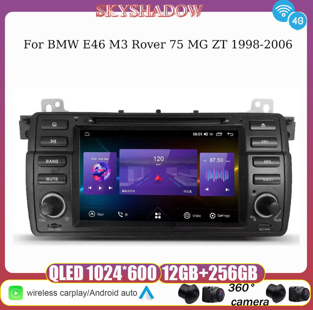 SKYSHADOW Android 14 Carplay Autoradio mit 12GB RAM und 256GB Speicher für BMW E46 M3 und Rover 75 MG ZT, Schwarz, mit GPS, WiFi, Bluetooth und 4G LTE - Bild 1