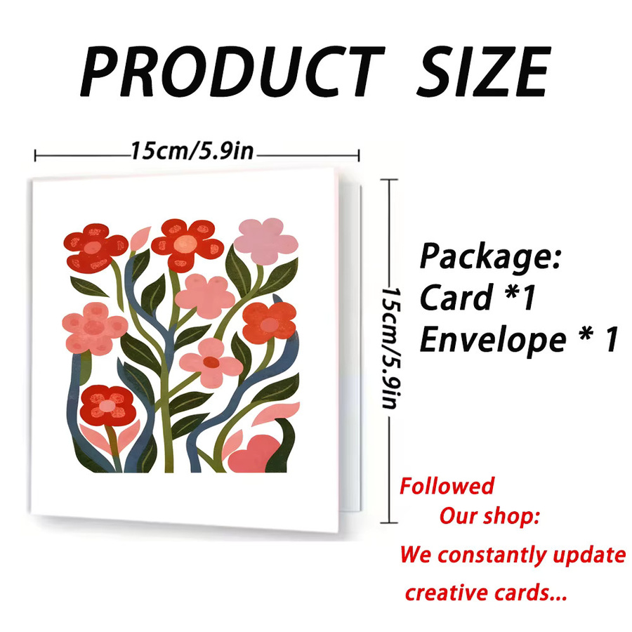 Set aus 2 Teilen: Quadratische Dankeskarte und Umschlag mit Cartoon-Blumendesign in Weiß und Braun - Bild 2