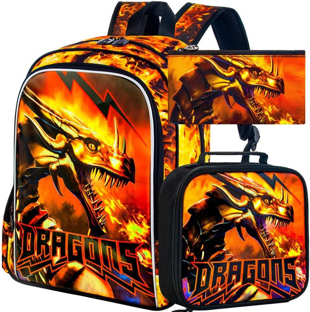 3-teiliges Jungenrucksack-Set von Fancy Style Studio mit Drachen-Design und Brotdose in Orange - Bild 1