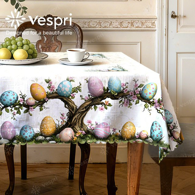 Vespri Oster-Tischdecke mit floralem Design in Weiß und Braun aus Polyester - Bild 1