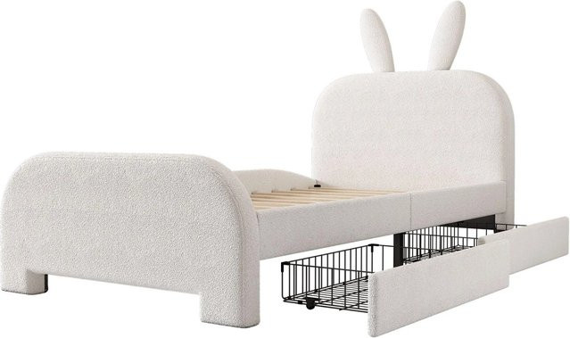 okwish Flaches Bett mit Kaninchendesign und zwei Schubladen in Weiß, B/T/H: 90 x 200 cm - Bild 1