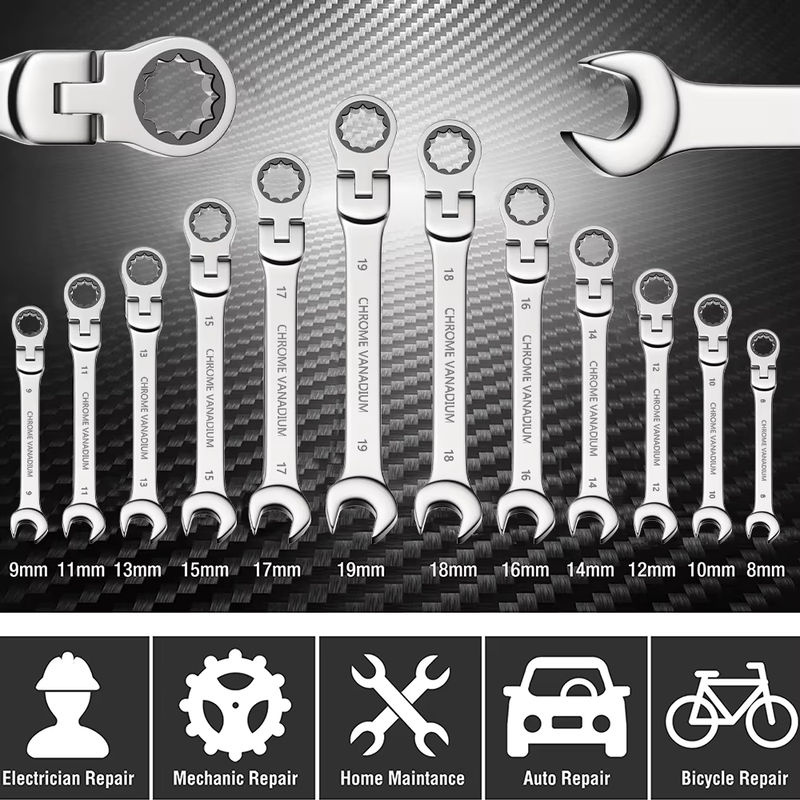WOZOBUY Ratschenschlüssel-Set mit flexiblem Kopf aus Chrom-Vanadium-Stahl, metrisch 6–24 mm, Farbe: Silber - Bild 3